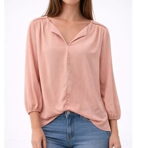 PLEIONE Pink V Neck 3/4 Sleeve Blouse Top Womens Size S